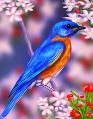 A little blue bird, sitting on the branch of a flowering tree
