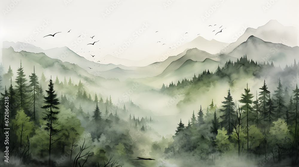 Poster a forest with mountains and trees in the background.a lush forest with towering mountains in the bac