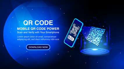 Smartphone scanning QR code and mobile QR code verification banner. Verification concept for online shopping, shopping special offer promotion and marketing via smartphone. Vector. - obrazy, fototapety, plakaty