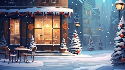 Cozy Christmas coffee shop with snowy street and festive lights in winter season. Holiday illustration of cafe with warm atmosphere and landscape wallpaper.