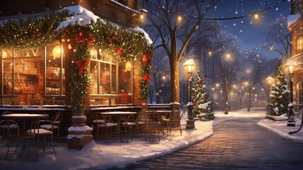 Winter wonderland: a cozy Christmas coffee shop with snow and warm light decoration - obrazy, fototapety, plakaty
