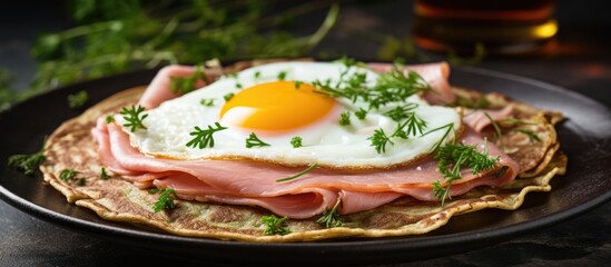For a delicious and nutritious breakfast try a galette made of buckwheat crepes filled with ham and egg - obrazy, fototapety, plakaty