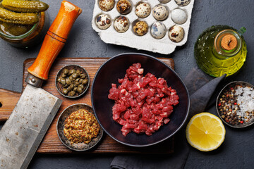 Cooking savory beef tartare and brown bread toasts