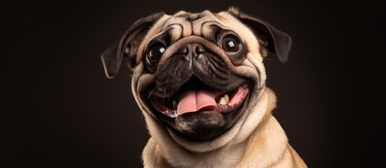 A Pug is captured in a seated position sticking its tongue out in a studio photograph against a backdrop of beige