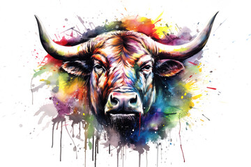 Painting of a bull head on white background. Wildlife Animals. - obrazy, fototapety, plakaty
