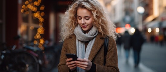 At the background of the city street a stunning beautiful young woman with blonde hair can be seen messaging on her smart phone She is a pretty girl engaged in a conversation on her mobile d - Powered by Adobe
