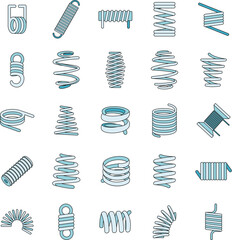 Coil spring cable icons set. Outline illustration of 25 coil spring cable vector icons thin line color flat on white - obrazy, fototapety, plakaty