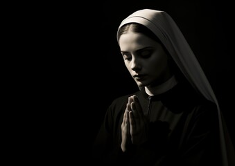 A black and white image of a nun in prayer, captured in a minimalist style with strong contrast and