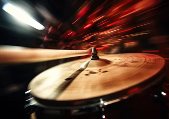 Fotobehang A close-up shot of a percussionist's drumsticks hitting a cymbal, freezing the moment of impact, © Sascha