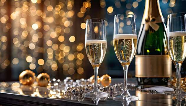 Champagne glasses and bottles in a luxury hotel for a New Year's Eve celebration. Light bokeh in the background