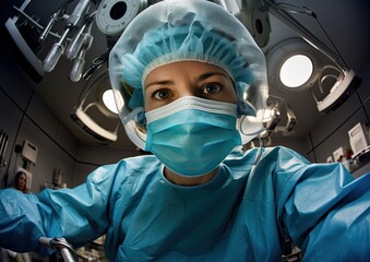Fototapeta na wymiar A fish-eye lens shot of a nurse in the operating room, capturing the intense concentration on their