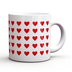 A white coffee mug with red hearts on it