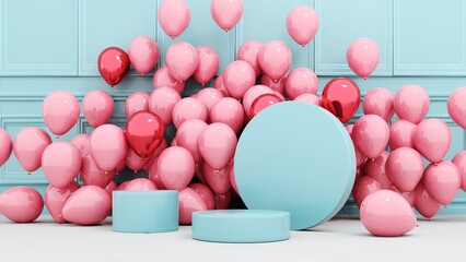 Premium podium, stand on pastel, light background. Holiday greeting card for Valentine's Day - 3d, render with copy space on February 14, March 8. Studio with  symbol of love.	
