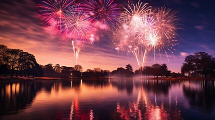 Fototapeta premium Spectacular fireworks display over snowy city on Christmas night