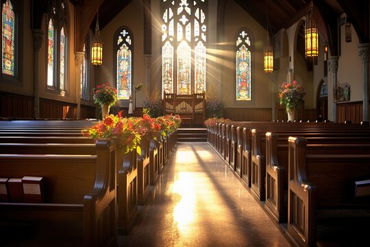 Interior of a church with a lot of flowers in the foreground.Funeral concept