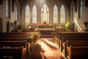Fototapeta premium Interior of a church with a lot of flowers in the foreground.Funeral concept