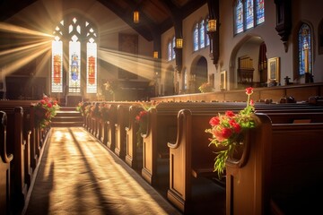 Fototapeta premium Interior of a church with a lot of flowers in the foreground.Funeral concept