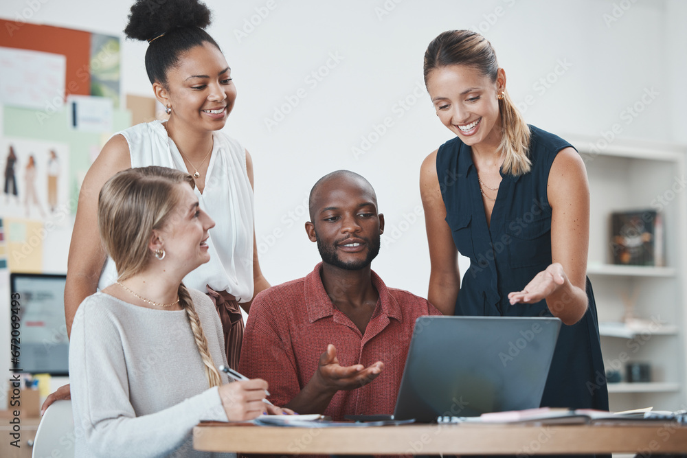 Leinwandbilder planning, teamwork and business people on laptop working in a meeting together. strategy, communicat