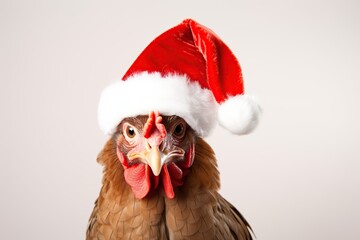Portrait of a turkey wearing a santa hat in christmas celebrations  - obrazy, fototapety, plakaty