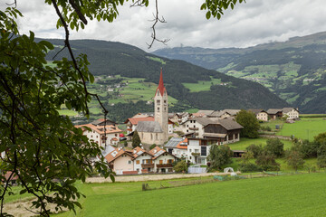 view from Albions and its church, a little mountain town in the Dolomites
