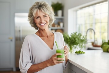 Healthy senior mature woman smiling while holding some green juice.