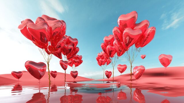 Holiday greeting card for Valentine's Day - 3d, render with copy space on February 14, March 8. Landscape with red hearts air balloons, symbol of love. Fantasy world, futuristic fantasy image.