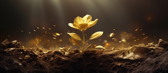 Gold is unearthed from beneath the earth Like gold a young tree sprouts through the ground The art of manipulating a photograph to resemble a golden flower A three dimensional depiction cre