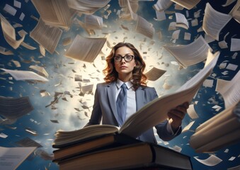 A surrealistic image of a paralegal surrounded by floating legal documents. The camera angle is