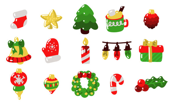 Vector set of Christmas items, elements and decorations, including Christmas tree, gift boxes, candle, mistletoe, wreath, cocoa mug, mittens, candy, Christmas toys, wreath and much more. Childish