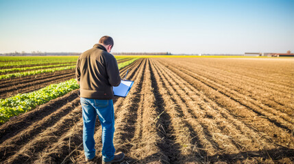 Fototapeta premium Farmer inspecting fast-growing plants in an open field.