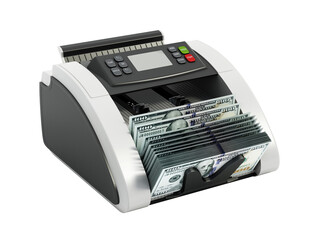 Money counter machine with 100 dollar bills isolated on transparent background. 3D illustration