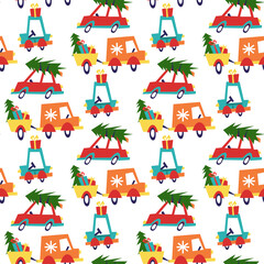 Seamless Christmas pattern with cars carrying Christmas tree and gifts. Multicolored geometric cars on a white. It can be used in the textile industry, paper production, background, scrapbooking.