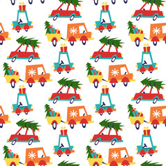 Obraz premium Seamless Christmas pattern with cars carrying Christmas tree and gifts. Multicolored geometric cars on a white. It can be used in the textile industry, paper production, background, scrapbooking.