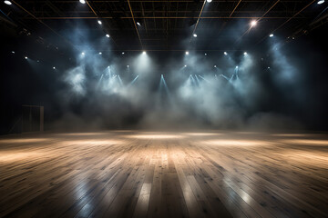 An empty stage for a performance in the rays of spotlights and clouds of smoke. Generated by artificial intelligence