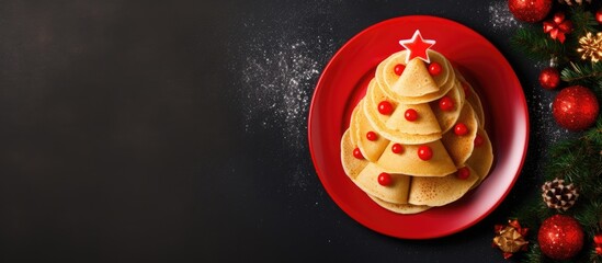 Festive homemade pancakes or crepes in the shape of Christmas and New Year trees adorned with red caviar on a dark background The food is meant to be enjoyed during the holidays especially b - obrazy, fototapety, plakaty