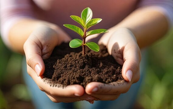 Close-up of female hands holding young plant in soil. Earth day concept