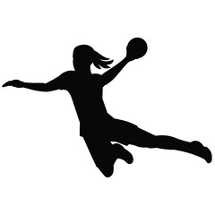 Black silhouette of a women's handball team player who rushes and swings to throw the ball at the target - obrazy, fototapety, plakaty