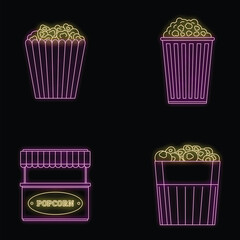Popcorn cinema box striped icons set. Outline illustration of 4 popcorn cinema box striped vector icons neon color on black