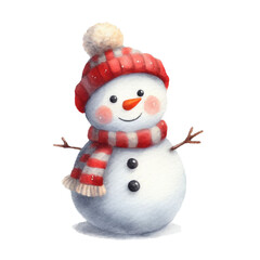 Snowman with scarf and hat on snowy background. Christmas card. on a background of a winter landscape generate by Ai 