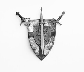 ancient iron shield and sword isolated on white background - obrazy, fototapety, plakaty