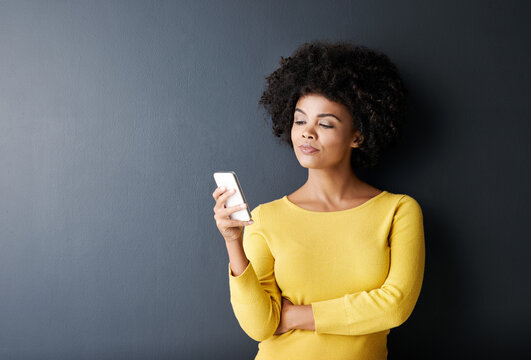 Black Woman, Thinking And Reading Phone With Fake News, Social Media Or Post Online On App Or Website. African, Face And Email Communication, Chat Or Cellphone With Announcement Info Mockup Or Space