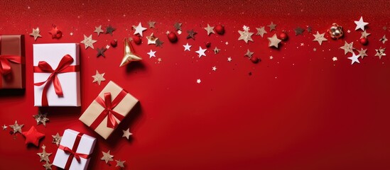 An aerial view of a joyful arrangement of festive holiday decorations confetti toys and gift boxes placed on a red paper background with a Christmas wish list