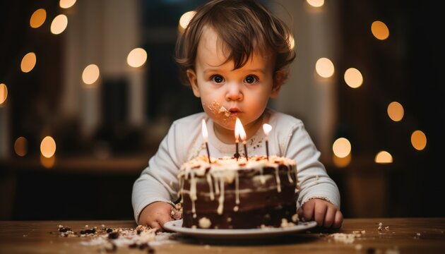 Photo of a Joyful Baby Celebrating with a Delicious Cake and a Glowing Candle