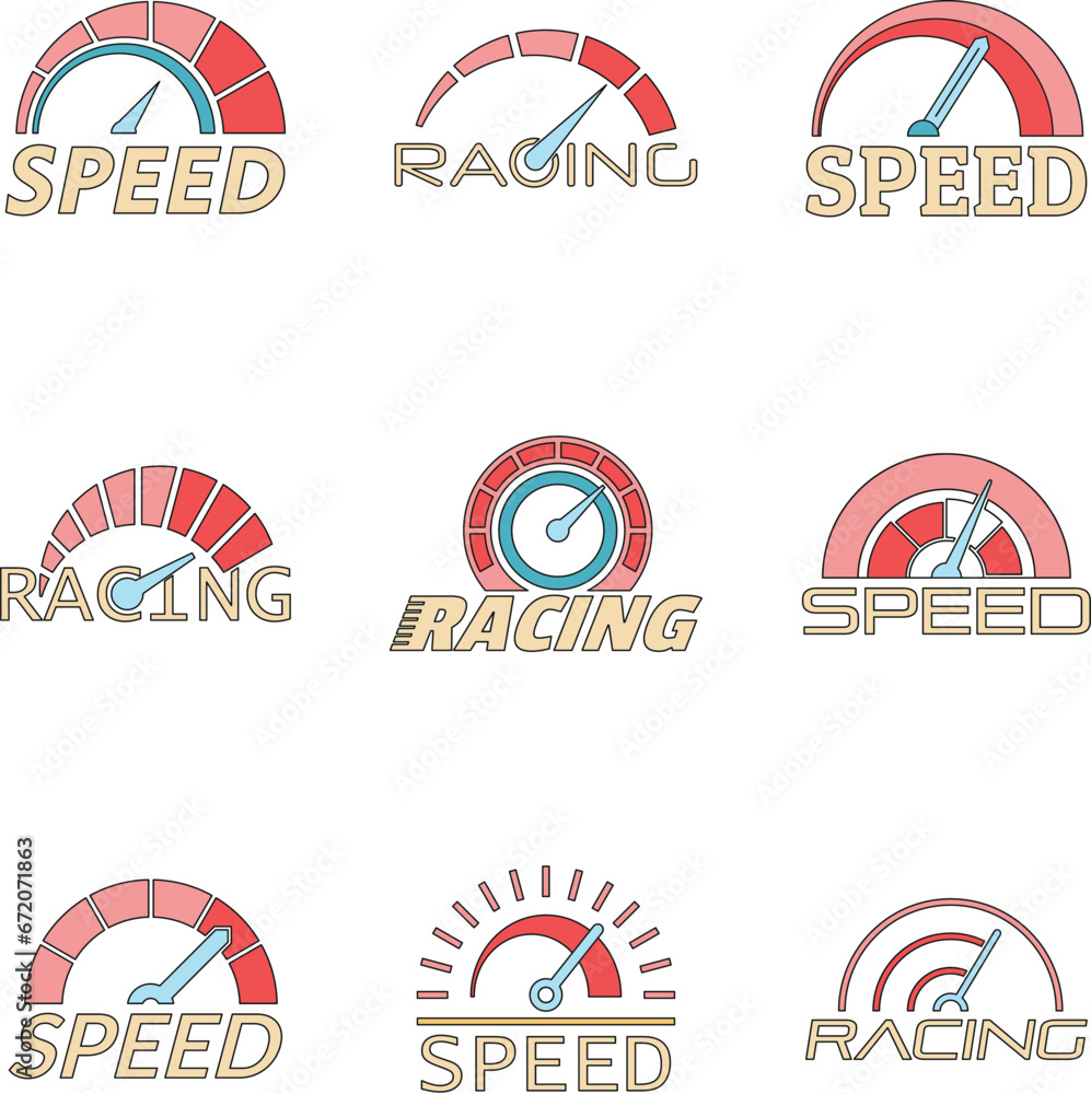 Poster speedometer level indicator logo set. outline illustration of 9 speedometer level indicator vector l