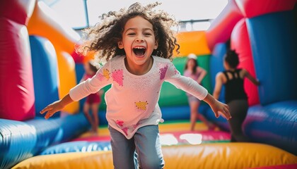 Photo of Jumping Joy: A Happy Girl Soaring on a Vibrant, Bouncy Castle - Powered by Adobe