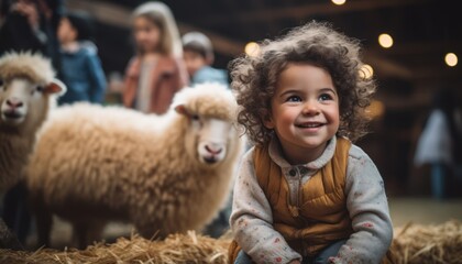 Photo of Little Girl Having a Fun Time with Friendly Sheep