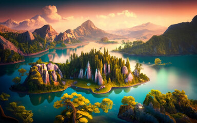 Tranquil Island Oasis: Clear Blue Lake, Forested Mountains, and Charming Round Island