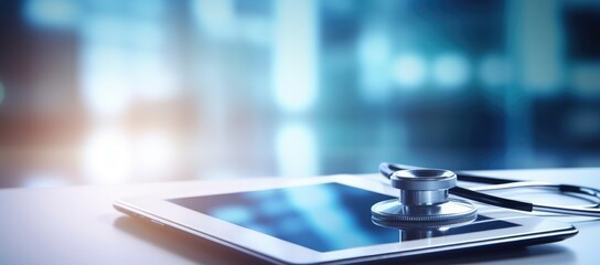 Healthcare and medicine. Doctor working on digital tablet on hospital Medical and technology.  background - Powered by Adobe