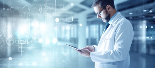 Healthcare and medicine. Doctor working on digital tablet on hospital Medical and technology.  background