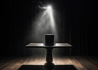 Naklejka premium A black and white image of a magician's top hat, placed on a wooden table, with a single beam of